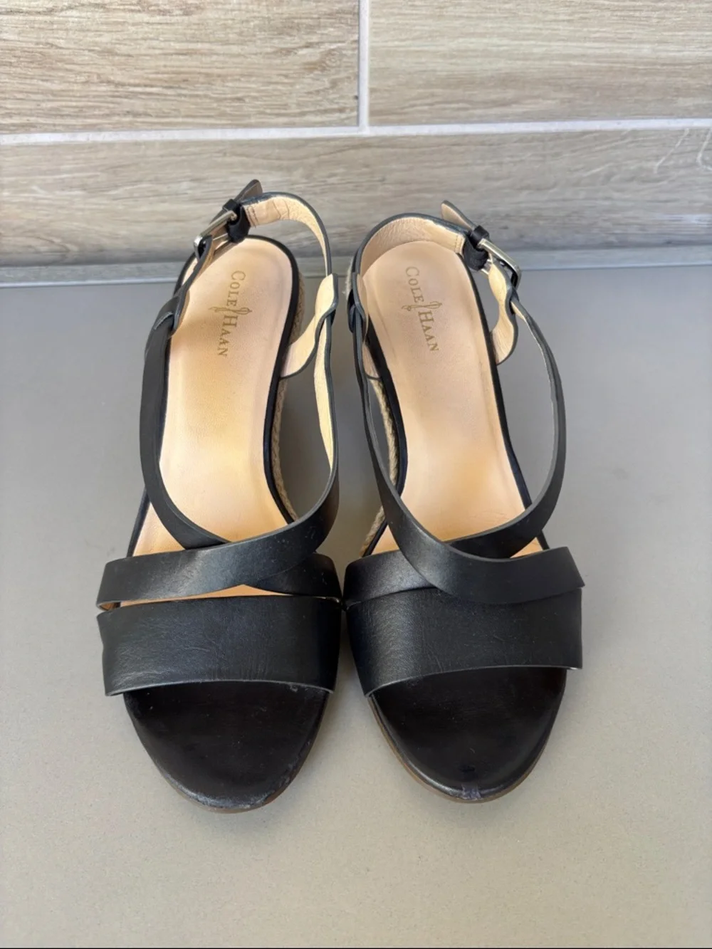 Cole Haan Black Leather Espadrille Taylor Wedge Sandal 7B